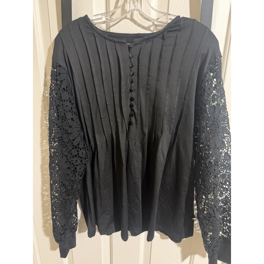Temu Black Lace Sleeve Pleated Button Up Blouse Plus Size 4XL